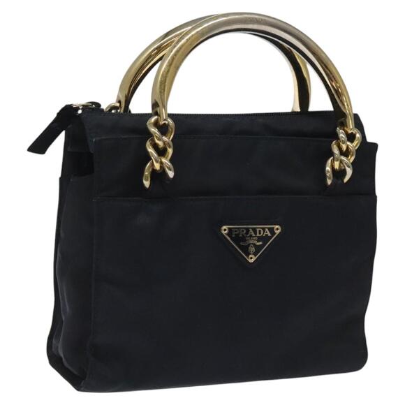 PRADA Hand Bag Nylon Navy Gold - Picture 1 of 12